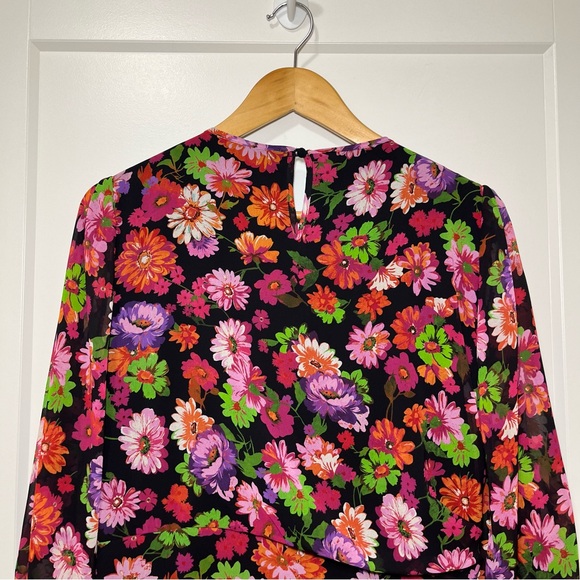 MARELLA - Deep Fuchsia - Floral Ruffle - Long-Sleeve Dress - Women’s 10 - Picture 7 of 11